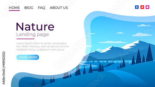Landing page screen, nature landscape template cover. website background. Vector