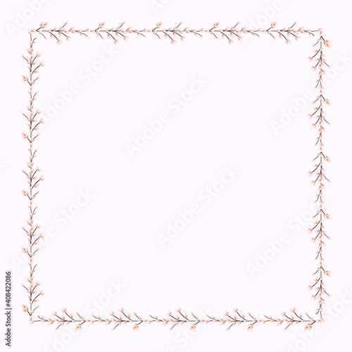 square frame made of willow twigs. Square Easter Frame.Vector flat illustration isolated on a white background. Design for invitations, postcards, printing.