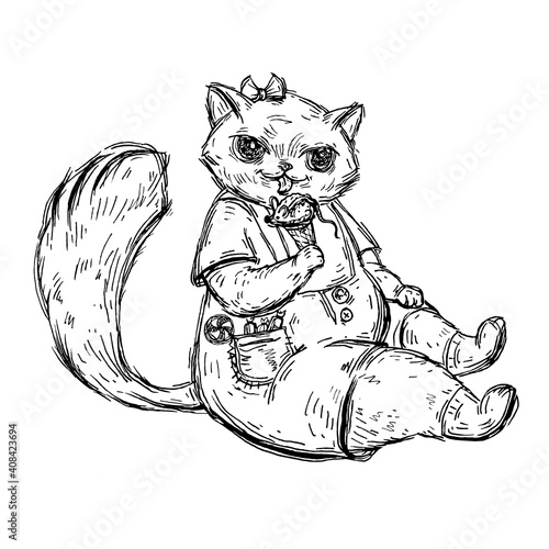 Kitten is sitting in overalls and eating ice cream in the form of a mouse.