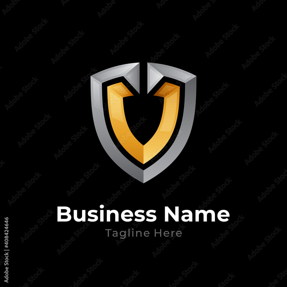 Shield letter V 3d logo design template with gold and silver gradient color Shield letter V 3d logo design template with gold and silver gradient color