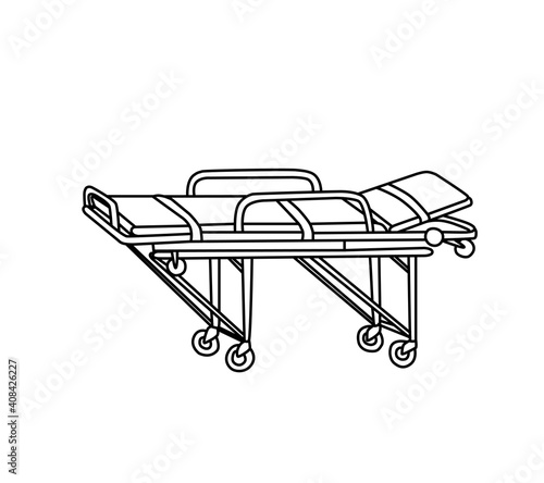 Medical stretcher for ambulance or hospital, contour vector icon isolated on white background. A means for transporting patients.