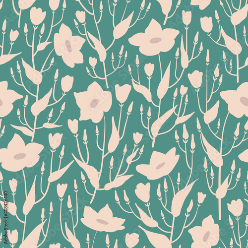 Seamless pattern of hand drawn magnolia flowers. Endless ornament with silhouettes of plants in bloom. Abstract floral design for fabric, textile, wallpaper, wrapping paper. Vector illustration.
