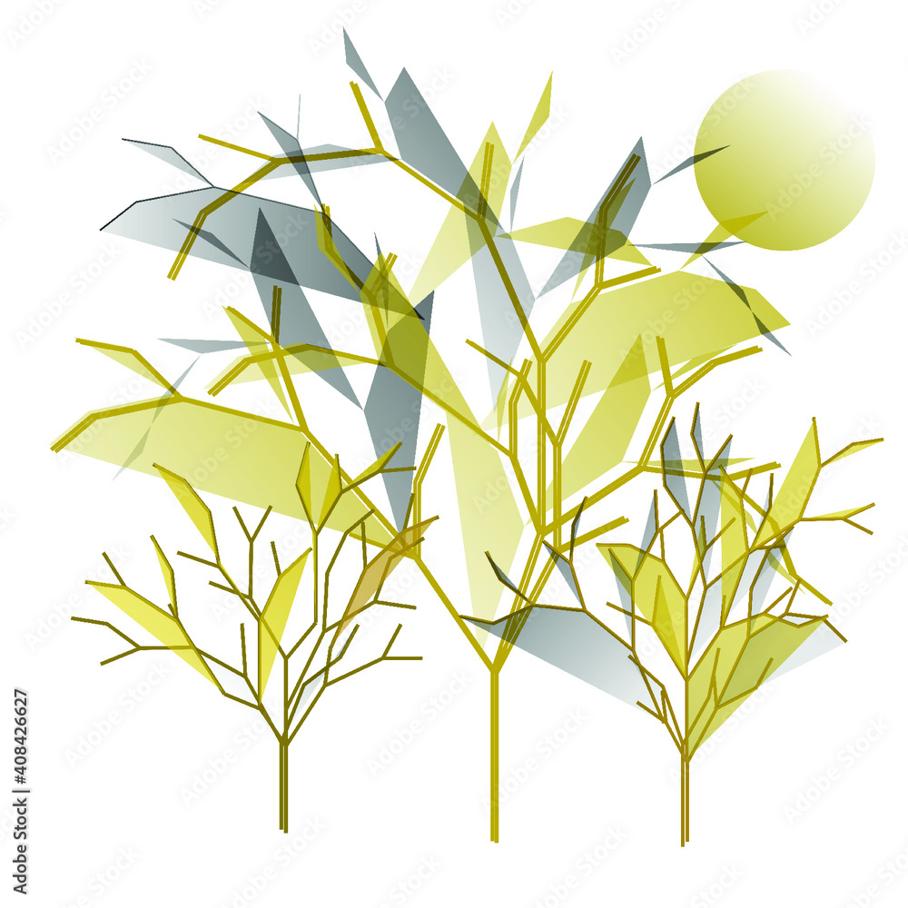Fototapeta premium Abstract metallic trees, some bare, some with gradient foliage, on a white background