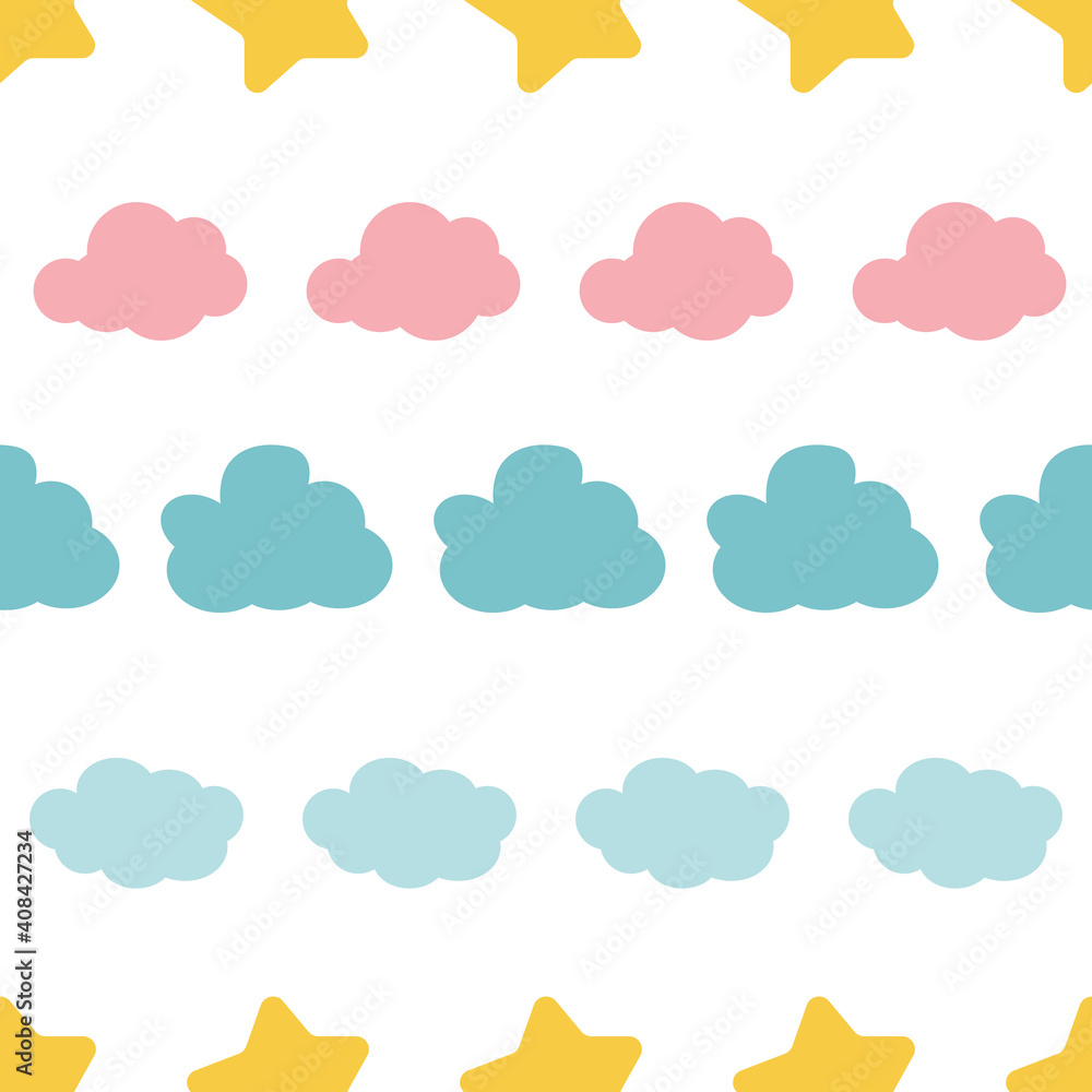 Cute colorful clouds and star seamless pattern background graphic. Creative kids style texture for fabric, wrapping, 
textile, wallpaper, apparel. Surface pattern design.