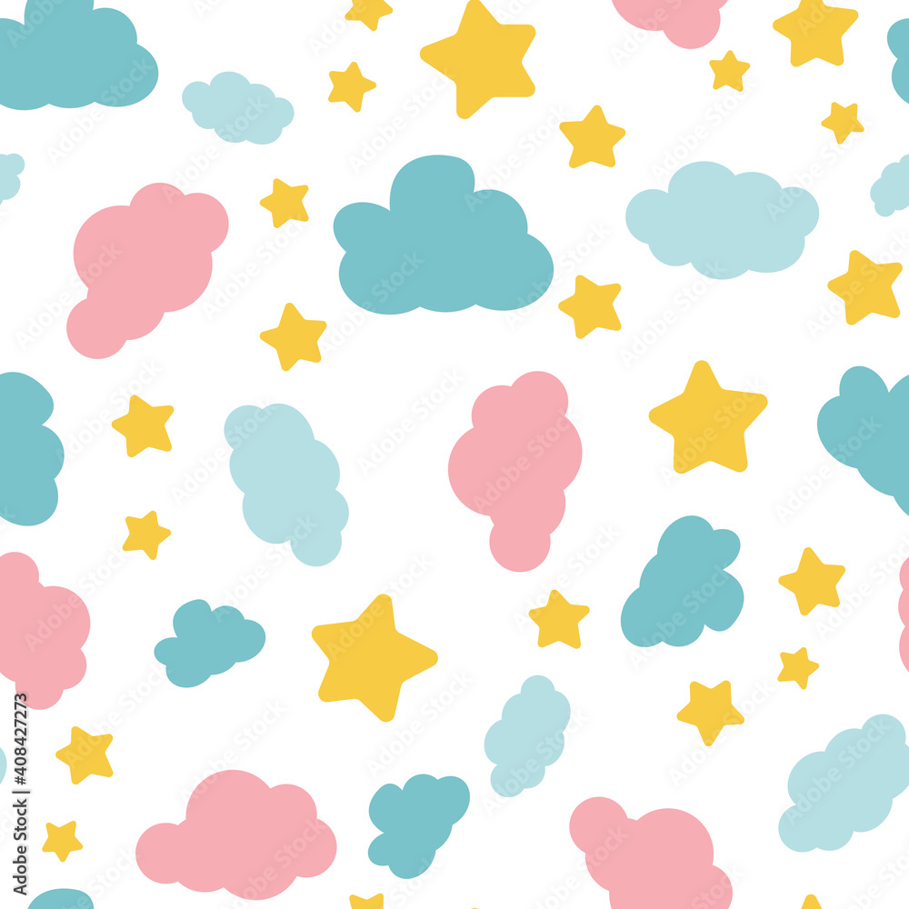 Cute colorful clouds and star seamless pattern background graphic. Creative kids style texture for fabric, wrapping, 
textile, wallpaper, apparel. Surface pattern design.
