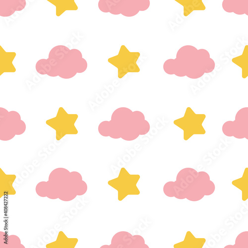 Cute colorful clouds and star seamless pattern background graphic. Creative kids style texture for fabric, wrapping, 
textile, wallpaper, apparel. Surface pattern design.