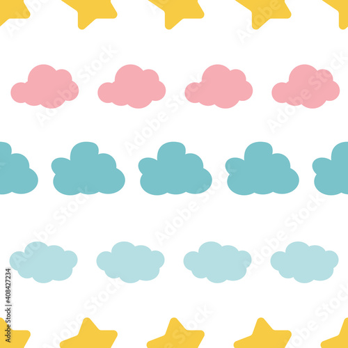 Cute colorful clouds and star seamless pattern background graphic. Creative kids style texture for fabric, wrapping, textile, wallpaper, apparel. Surface pattern design.