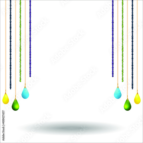 3D vector illustration with blue stones, emeralds, beads, turquoise, golden hanging chains and beadworks.  Golden necklaces with pendants.