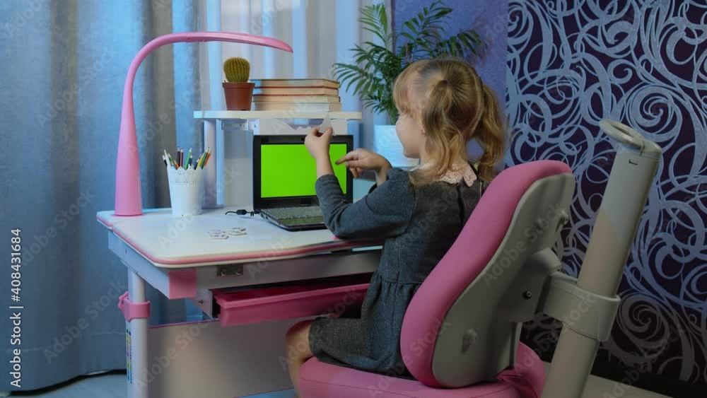 Preschool child girl distance online learning at home. Pupil kid ...