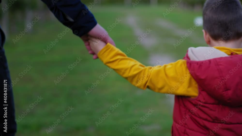 happy parenting, loving father holds his little cheerful son by hand during through the park family walk , child support happy parenting, loving father holds his little cheerful son by hand during through the park family walk , child support