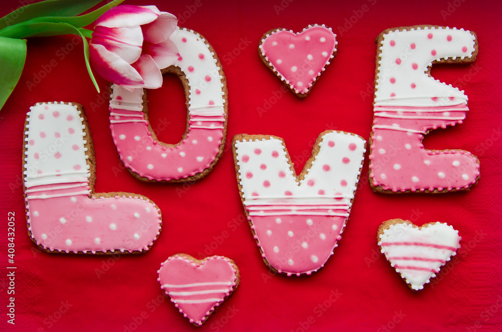 Happy Valentine's Day with cookies and tulip Happy Valentine's Day with cookies and tulip