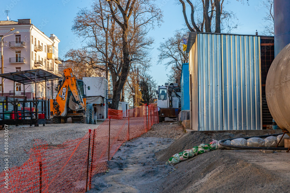 Naklejka premium Metro construction in the city. Blasting work in the subway. Descent into the ground.