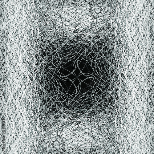 Lines and thread on a black background. White tangled chaotic pattern. White lines texture.