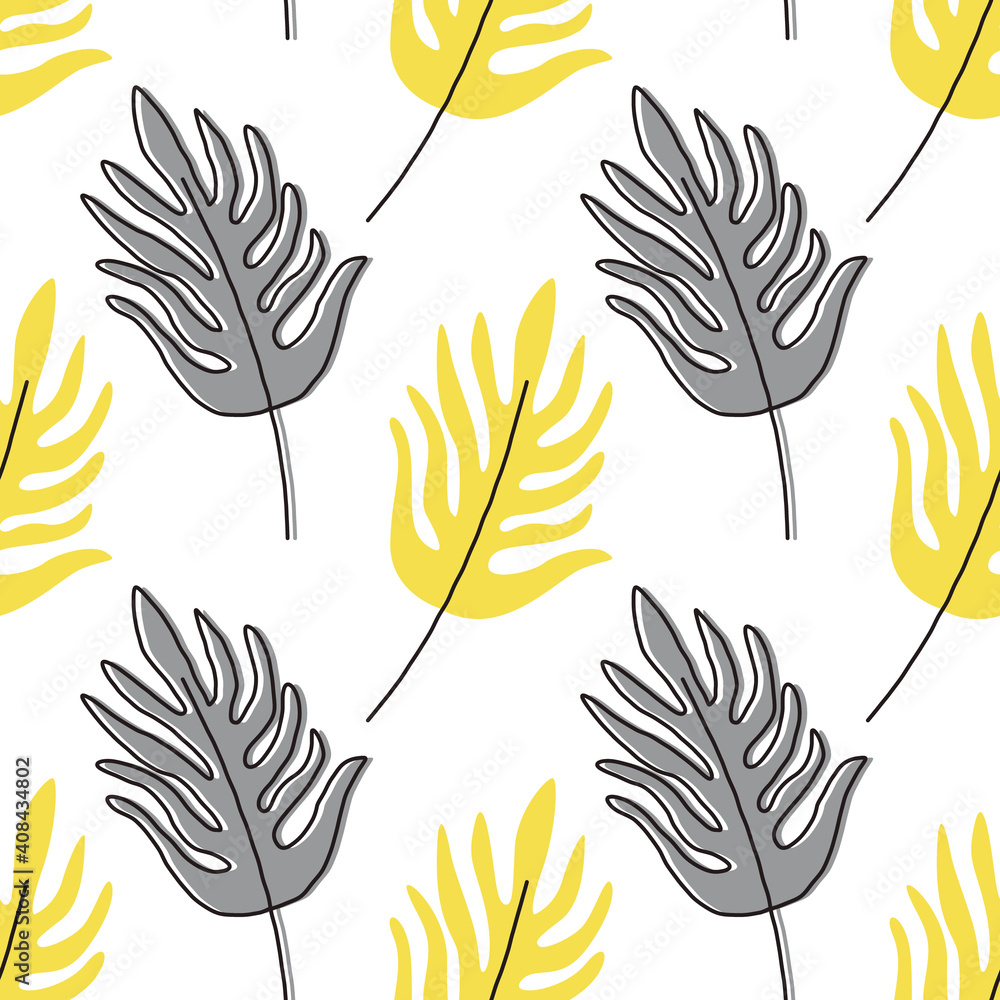 Fototapeta Palm leaves seamless pattern in white, yellow and gray colors of the year 2021. Simple trendy yellow and gray leaves pattern on white background. Minimalist style. Vector illustration