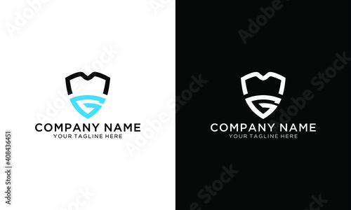 Initial letter M G logo template with modern shield flat design illustration on a black and white background.