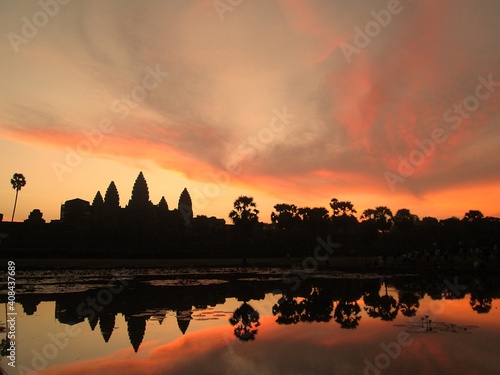 The darkness of sunrise at dawn in Angkor Wat