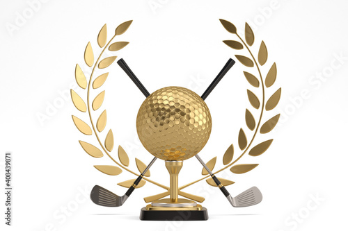 Golden golf trophy isolated on white background. 3D illustration. photo