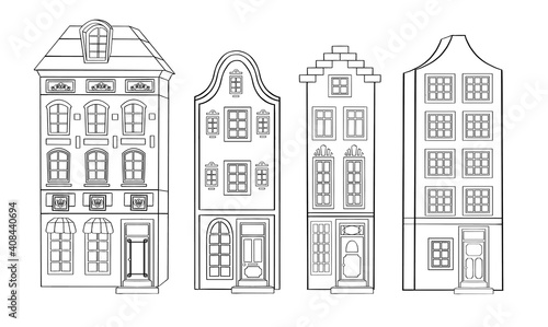 Set of three silhouette of old european houses and three street lanterns. Stylized freehand drawn picture. Isolated on white. Romantic illustration for postcard or real estate. Vector illustration