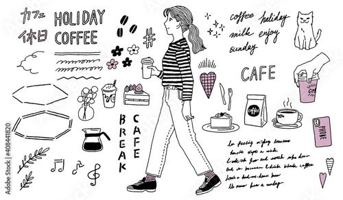 おしゃれな女性、コーヒー、カフェ、手書き文字などの装飾などのベクターイラスト素材 Vector illustration of a fashionable woman, coffee, cafe, handwritten text and other decorations.