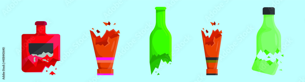 set of broken bottle cartoon icon design template with various models. vector illustration isolated on blue background set of broken bottle cartoon icon design template with various models. vector illustration isolated on blue background