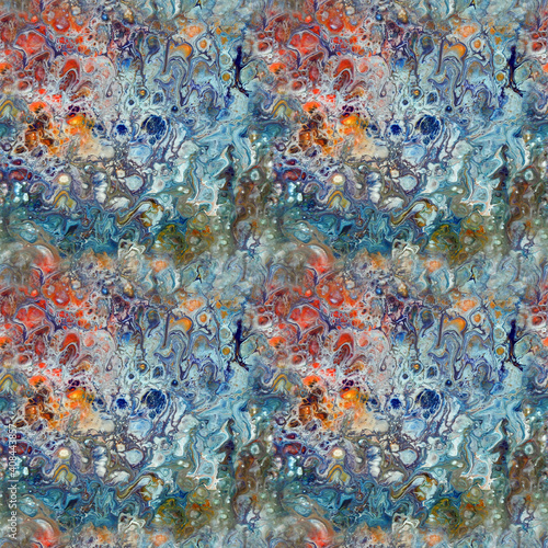Abstract textural liquid fluid seamless pattern in orange red blue colors © Natalia