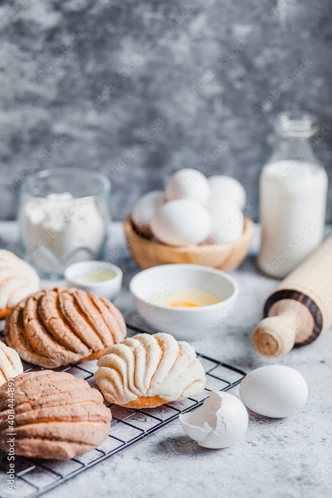 concha mexican bread, Ingredients for baking traditional conchas in Mexico concha mexican bread, Ingredients for baking traditional conchas in Mexico