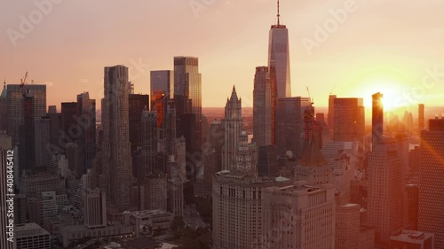 Beautiful Golden Hour Sunset light above uptown Manhattan Skyline and One World Trade Center in New York City
