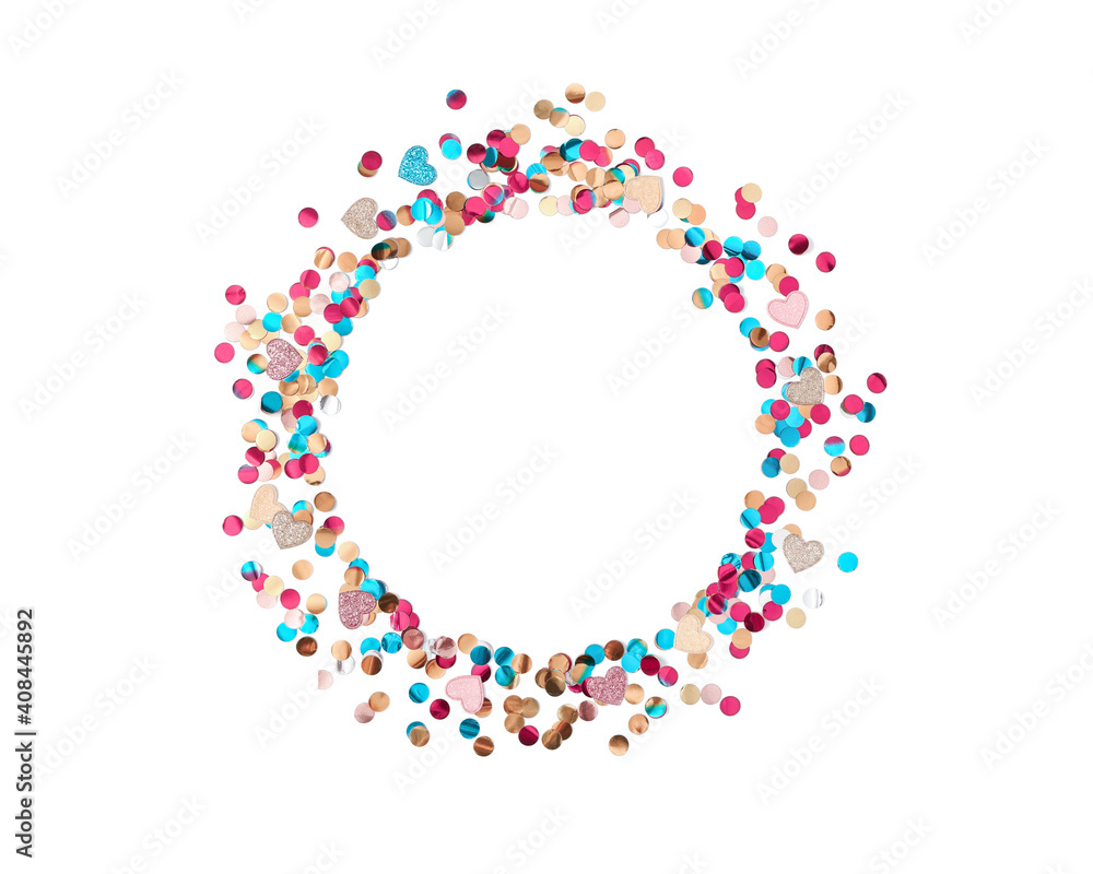 A round frame made of multicolored shiny metallized confetti and shiny hearts is on a white background. Minimalistic layout for valentine's day. Flat lay. Top view. Copy space.