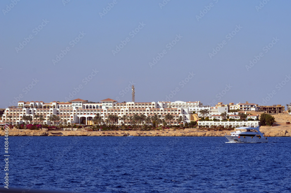 Resorts and hotels at coast of Sharm El Sheikh from yacht. Egypt 