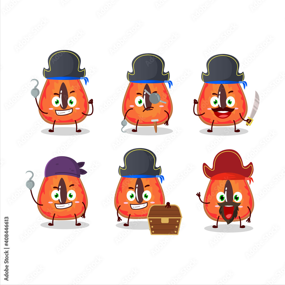 Cartoon character of slice of mamey with various pirates emoticons Cartoon character of slice of mamey with various pirates emoticons