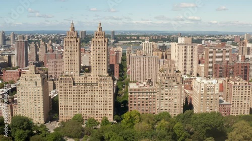Iconic Buildings next to Central Park in Summer in Manhattan, New York City, Aerial Wide View