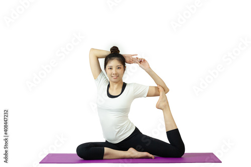 Asian woman makes herself a healthy body with practicing yoga. white background