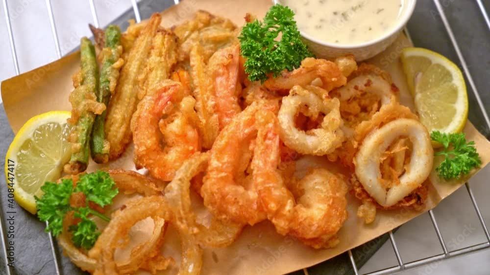 deep fried seafood (shrimps and squid) with mix vegetable deep fried seafood (shrimps and squid) with mix vegetable