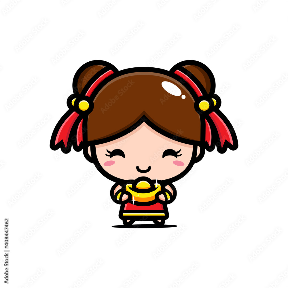 cartoon cute chinese girl character holding gold cartoon cute chinese girl character holding gold