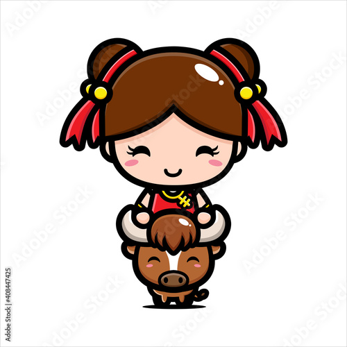 cartoon cute chinese girl character riding a buffalo