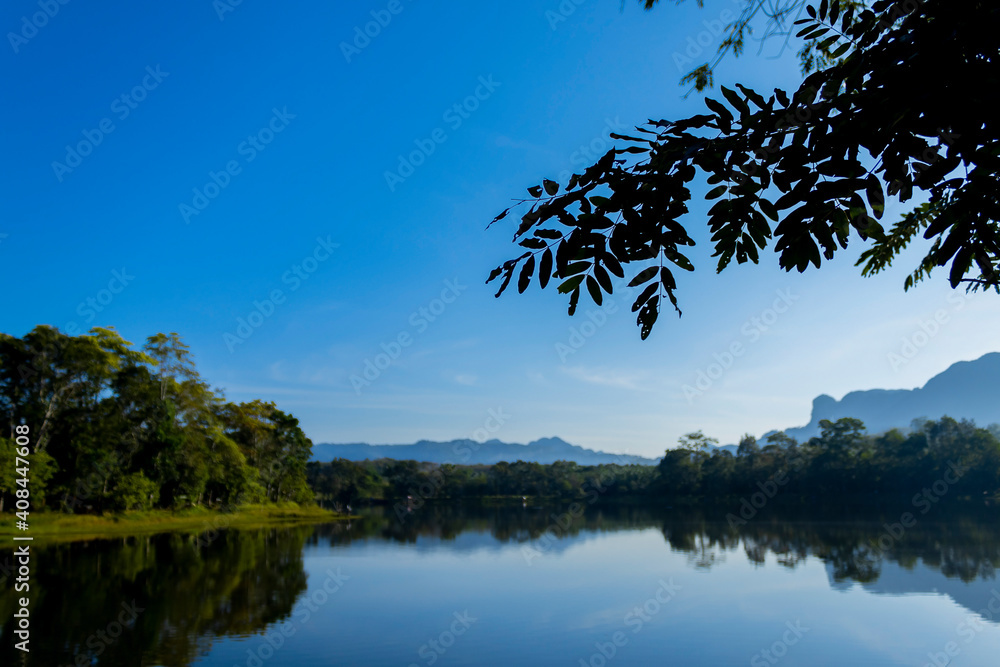 Wide angle view, natural landscape with river and mountain and sky. Wide angle view, natural landscape with river and mountain and sky.