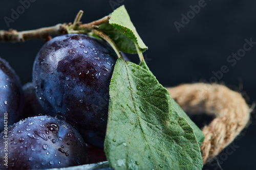 Small bucket of fresh plums on black background, close up