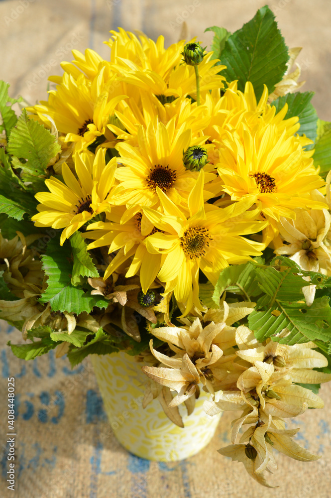 Yellow Topinambur Flowers, Beech Leaves And Beechnuts, Bunch Of Flowers