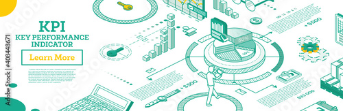 KPI Key Performance Indicator. Isometric Concept of Business Performance Strategy and Analysis.