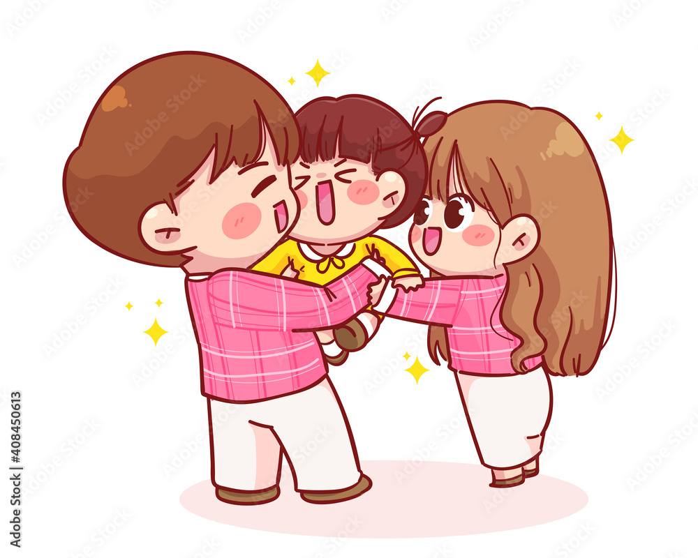 Cute Father and mother holding a child cartoon illustration Cute Father and mother holding a child cartoon illustration