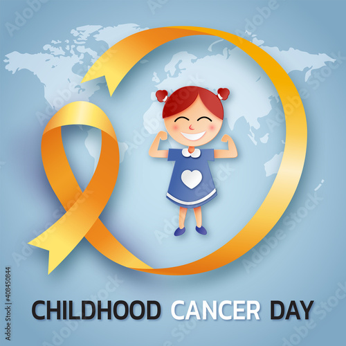 Childhood cancer day with gold ribbon and girl in paper style
