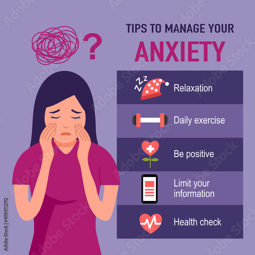 Tips for anxiety management infographic. Woman with anxiety disorder with useful advice in flat design.