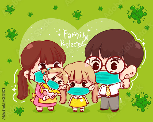 Cute Family protected from the virus cartoon character illustration Premium Vector