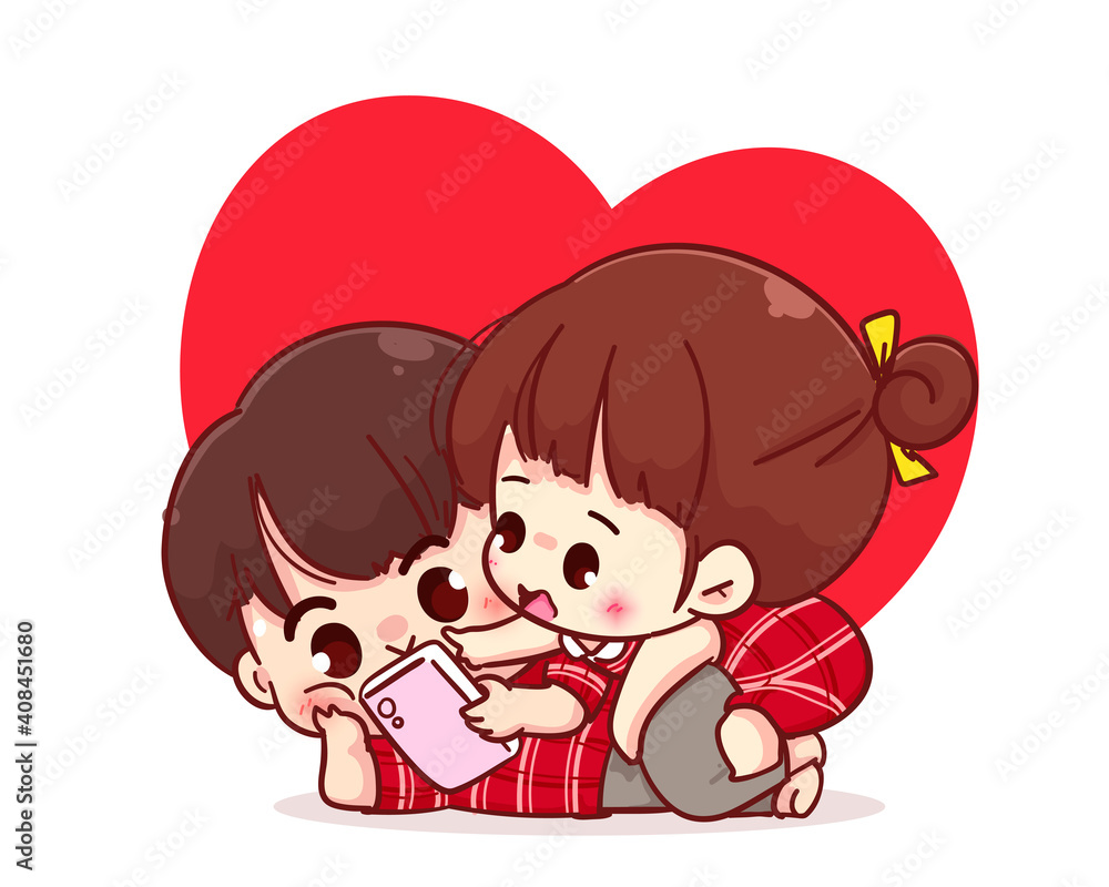 Lovers couple looking at the smartphone together Happy valentine cartoon character illustration Premium Vector