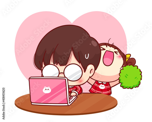 Cute girl encourage her boyfriend working Happy valentine cartoon character illustration Premium Vector