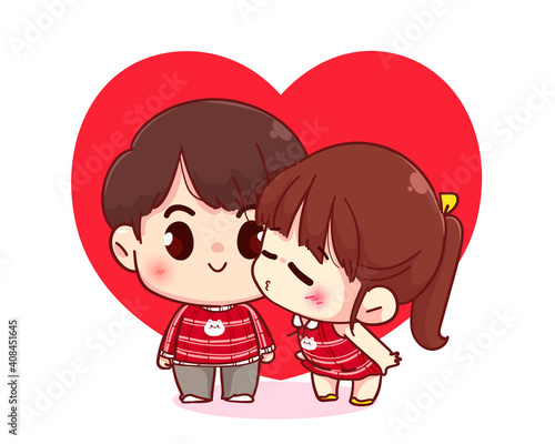 Cute girl kissing her boyfriend Happy valentine cartoon character illustration Premium Vector