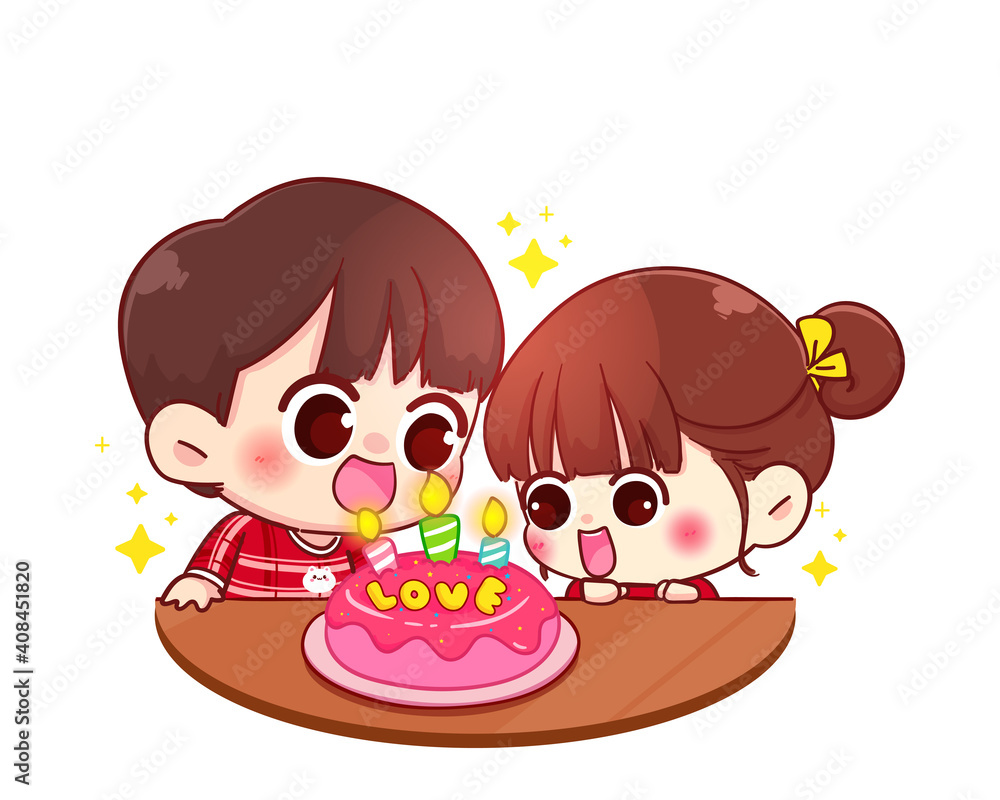 Couple celebrate birthday happy with cake Happy valentine cartoon character illustration Premium Vector Couple celebrate birthday happy with cake Happy valentine cartoon character illustration Premium Vector