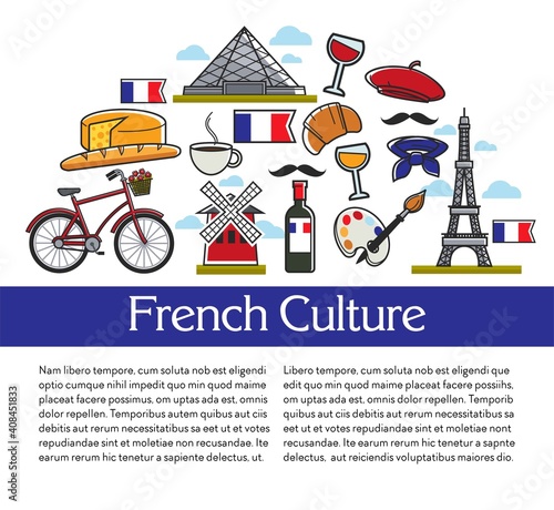 Travel agency brochures French culture and symbols architecture and cuisine vector