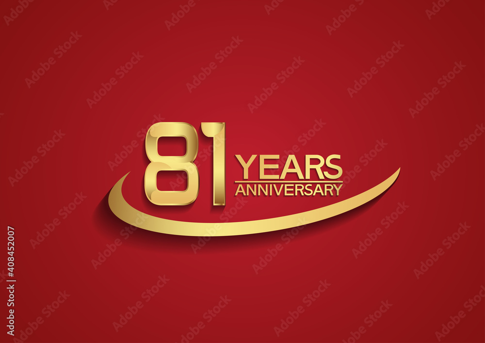 81 years anniversary logo style with swoosh golden color isolated on red background for celebration moment, greeting card, invitation and special moment