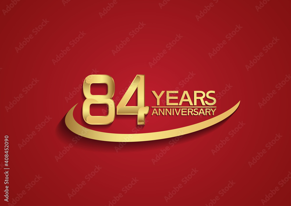 84 years anniversary logo style with swoosh golden color isolated on red background for celebration moment, greeting card, invitation and special moment
